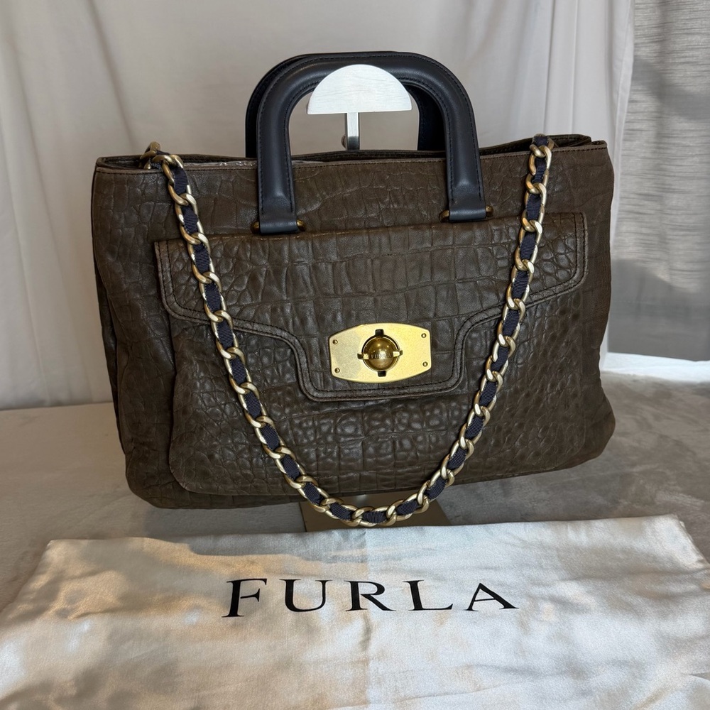 Y2K FURLA Genuine Leather Croc Embossed Satchel Bag Brown Gold Chain Strap vtg